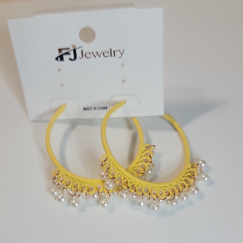 Yellow Hoop Earrings with Pearls